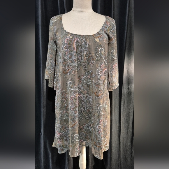 DressT Dresses & Skirts - Boho Chiffon Women Sz M Metallic Gold Taupe Paisley